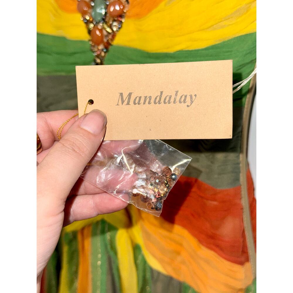 Beaded V-Neck Striped Midi Dress in Orange, Yellow & Green - Picture 12 of 15
